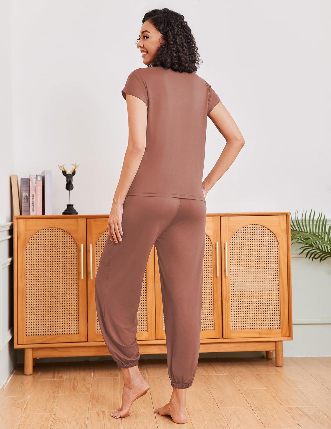imageEkouaer Pajamas for women 2 Piece Lounge Set Cap Sleeve Sleepwear Joggers Pants Pjs with Pockets SXXLBrown