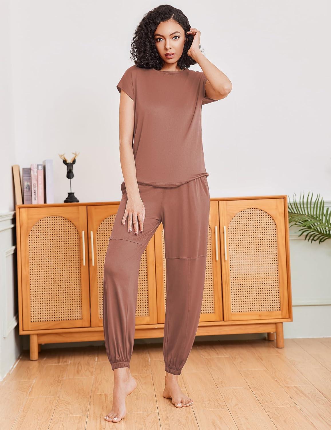 imageEkouaer Pajamas for women 2 Piece Lounge Set Cap Sleeve Sleepwear Joggers Pants Pjs with Pockets SXXLBrown