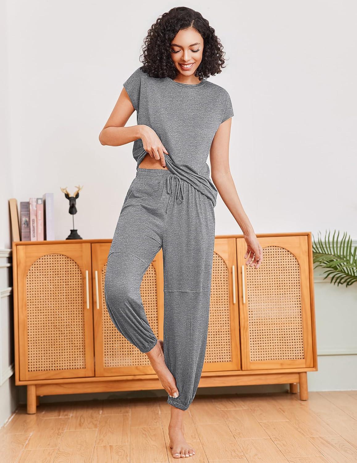 imageEkouaer Pajamas for women 2 Piece Lounge Set Cap Sleeve Sleepwear Joggers Pants Pjs with Pockets SXXLLight Grey