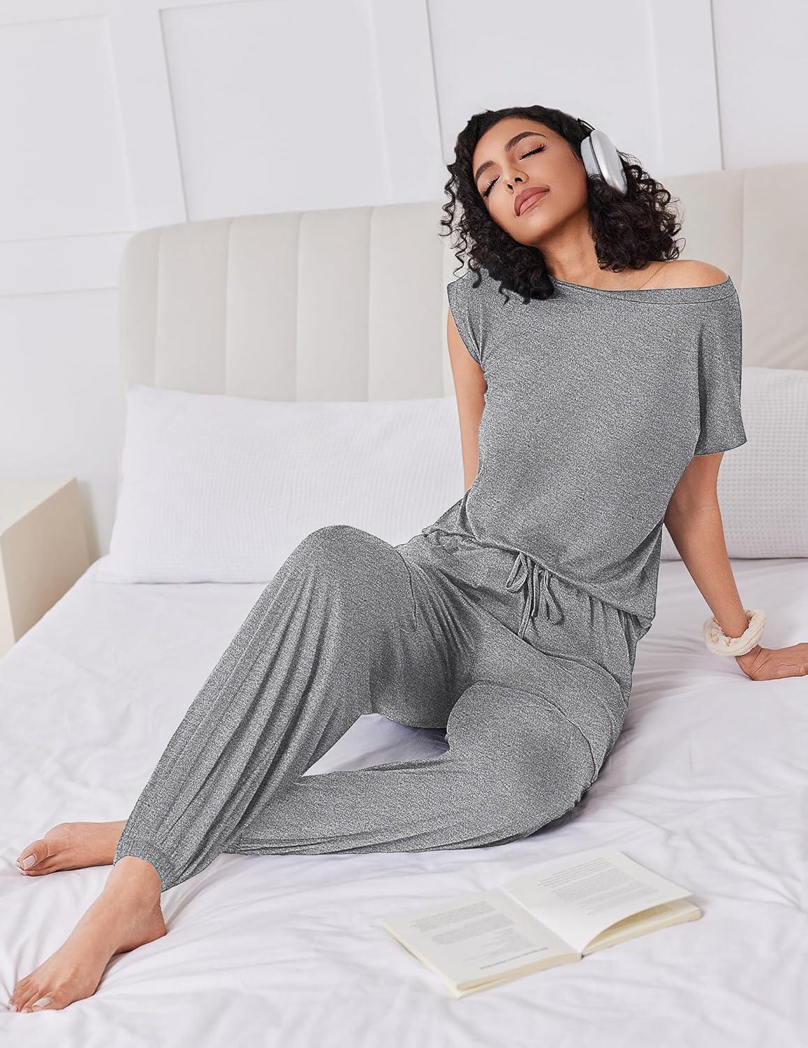 imageEkouaer Pajamas for women 2 Piece Lounge Set Cap Sleeve Sleepwear Joggers Pants Pjs with Pockets SXXLLight Grey