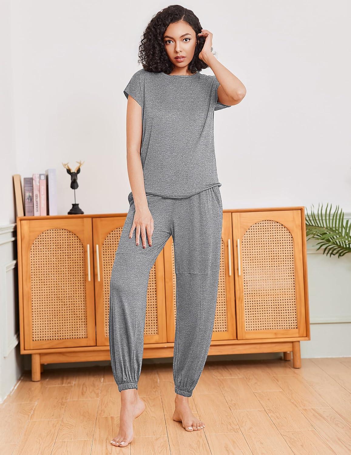 imageEkouaer Pajamas for women 2 Piece Lounge Set Cap Sleeve Sleepwear Joggers Pants Pjs with Pockets SXXLLight Grey