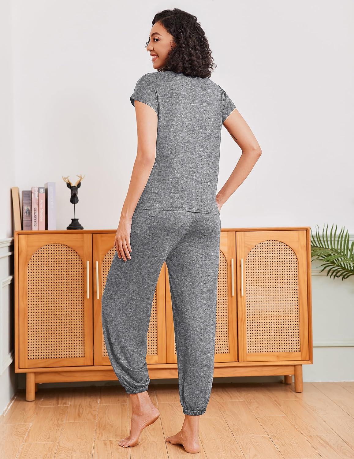 imageEkouaer Pajamas for women 2 Piece Lounge Set Cap Sleeve Sleepwear Joggers Pants Pjs with Pockets SXXLLight Grey