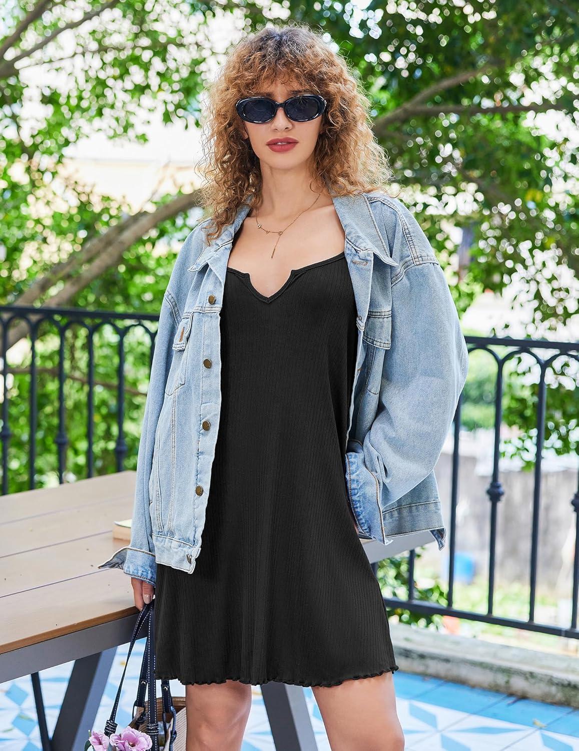 imageEkouaer Sleeveless Nightgowns for Women Racerback Night Gowns Ribbed Knit Sleep Shirt Sexy V Neck Spaghetti Strap DressBlack