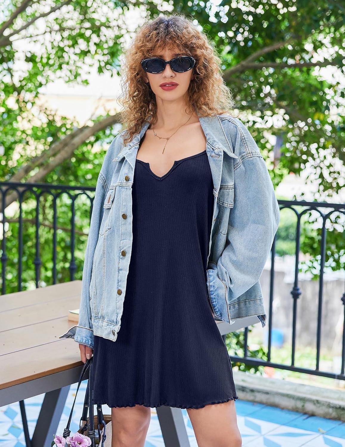 imageEkouaer Sleeveless Nightgowns for Women Racerback Night Gowns Ribbed Knit Sleep Shirt Sexy V Neck Spaghetti Strap DressNavy Blue