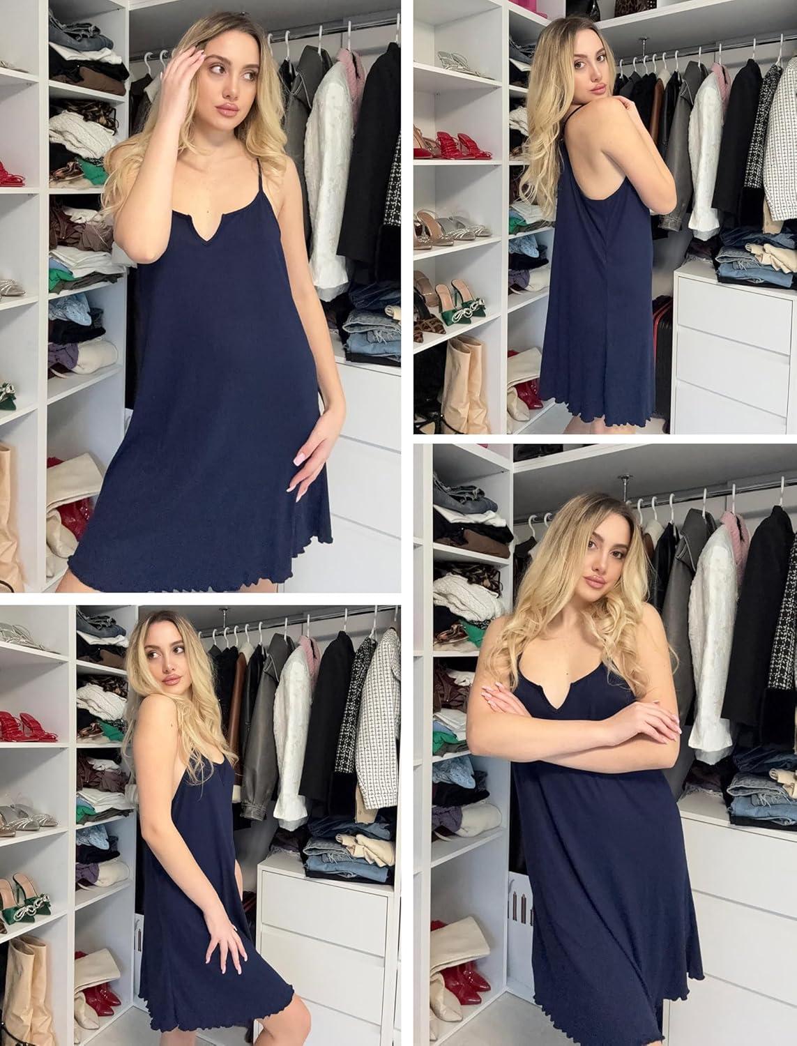 imageEkouaer Sleeveless Nightgowns for Women Racerback Night Gowns Ribbed Knit Sleep Shirt Sexy V Neck Spaghetti Strap DressNavy Blue