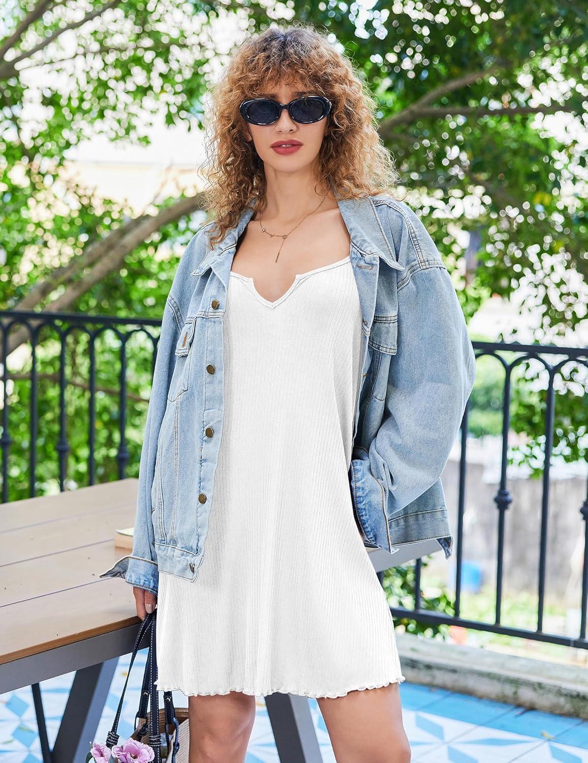 imageEkouaer Sleeveless Nightgowns for Women Racerback Night Gowns Ribbed Knit Sleep Shirt Sexy V Neck Spaghetti Strap DressWhite