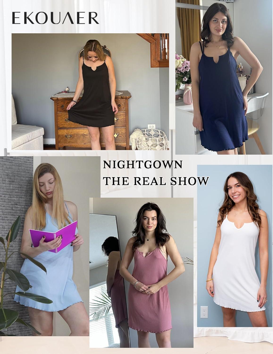 imageEkouaer Sleeveless Nightgowns for Women Racerback Night Gowns Ribbed Knit Sleep Shirt Sexy V Neck Spaghetti Strap DressWhite