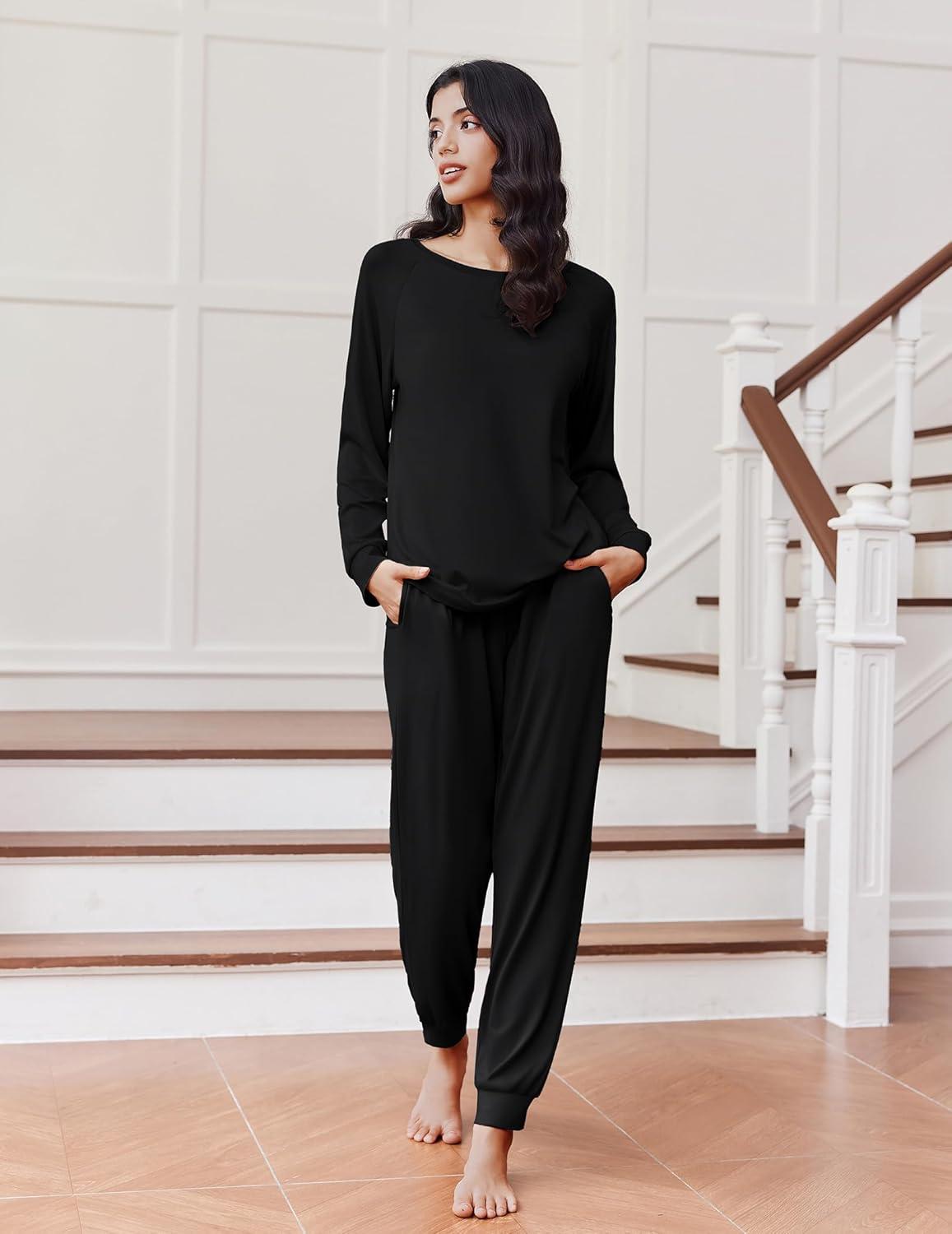 imageEkouaer Soft Pajama Set Women Pullover Long Sleeve lounge Sets Jogger Pants Loungewear Sleepwear Sets with PocketsBlack