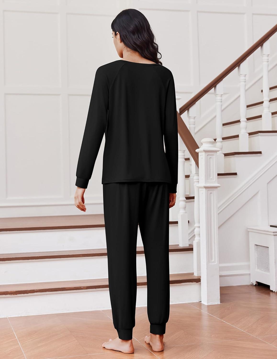 imageEkouaer Soft Pajama Set Women Pullover Long Sleeve lounge Sets Jogger Pants Loungewear Sleepwear Sets with PocketsBlack
