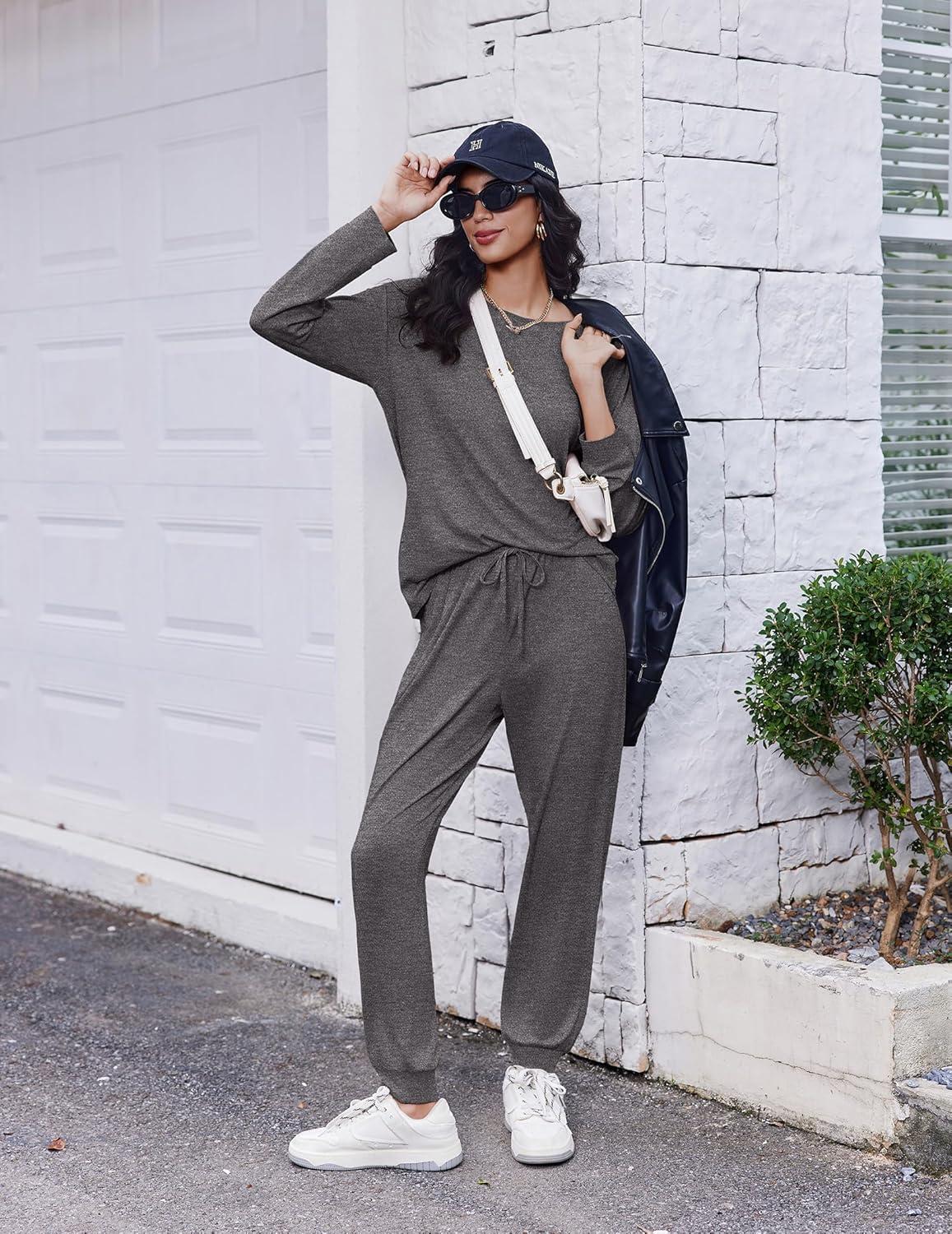 imageEkouaer Soft Pajama Set Women Pullover Long Sleeve lounge Sets Jogger Pants Loungewear Sleepwear Sets with PocketsDark Gray