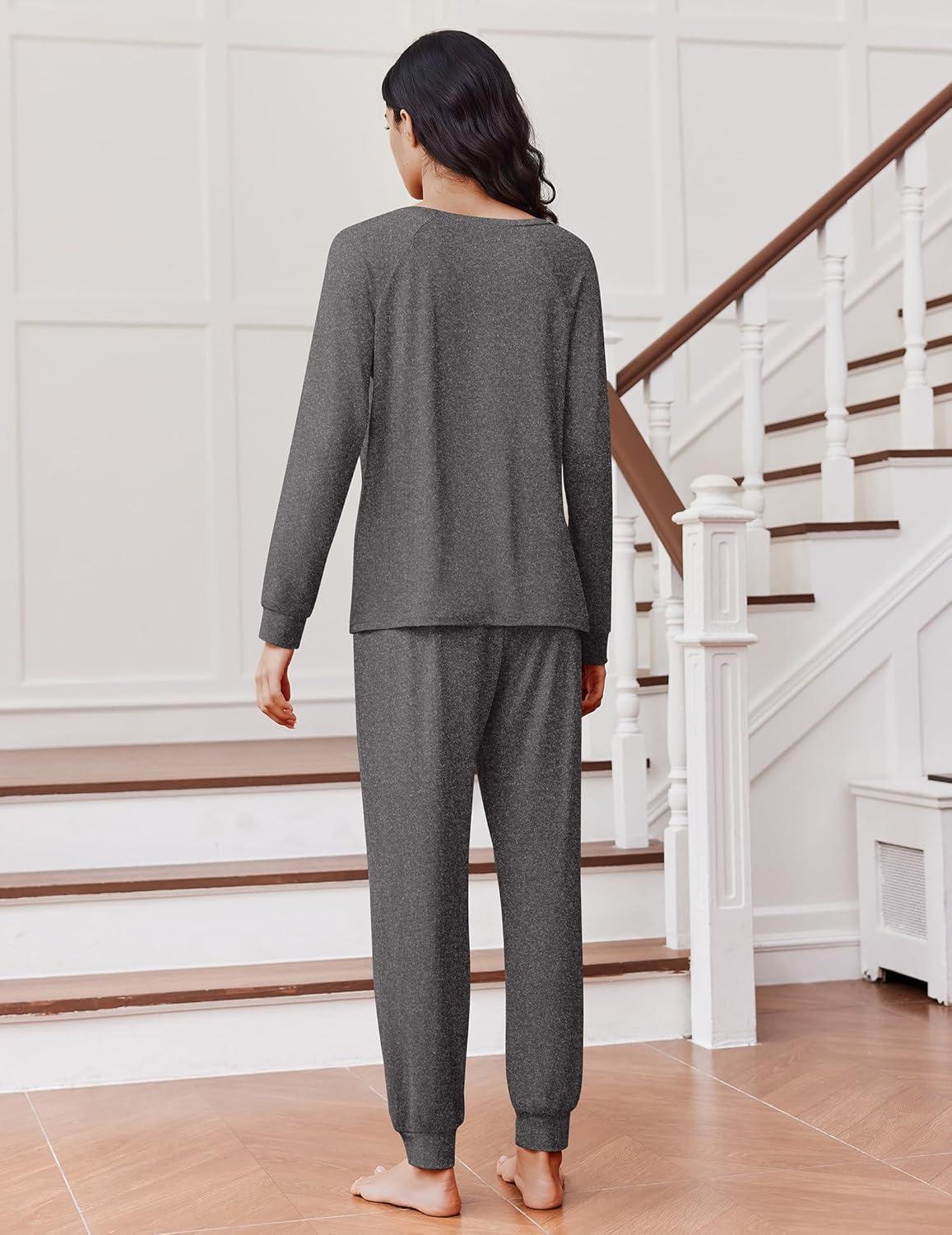imageEkouaer Soft Pajama Set Women Pullover Long Sleeve lounge Sets Jogger Pants Loungewear Sleepwear Sets with PocketsDark Gray