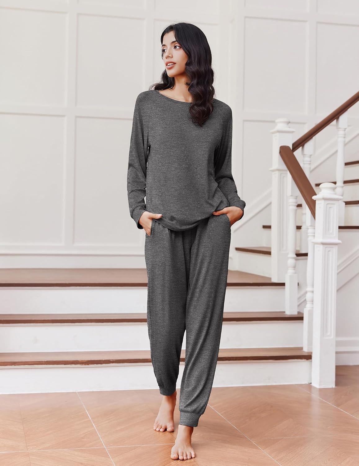 imageEkouaer Soft Pajama Set Women Pullover Long Sleeve lounge Sets Jogger Pants Loungewear Sleepwear Sets with PocketsDark Gray