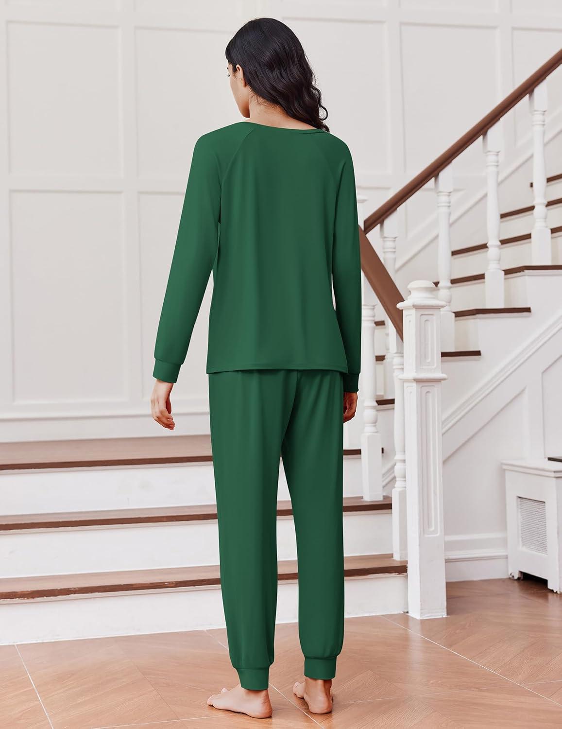 imageEkouaer Soft Pajama Set Women Pullover Long Sleeve lounge Sets Jogger Pants Loungewear Sleepwear Sets with PocketsDark Green