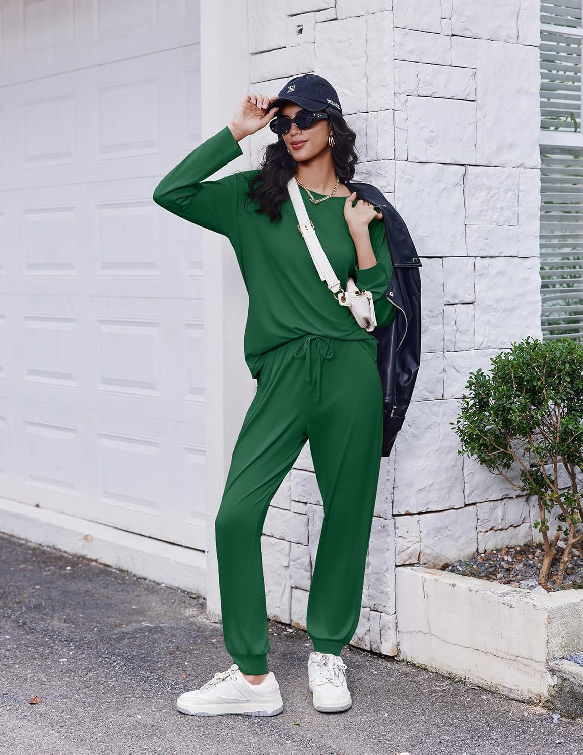 imageEkouaer Soft Pajama Set Women Pullover Long Sleeve lounge Sets Jogger Pants Loungewear Sleepwear Sets with PocketsDark Green