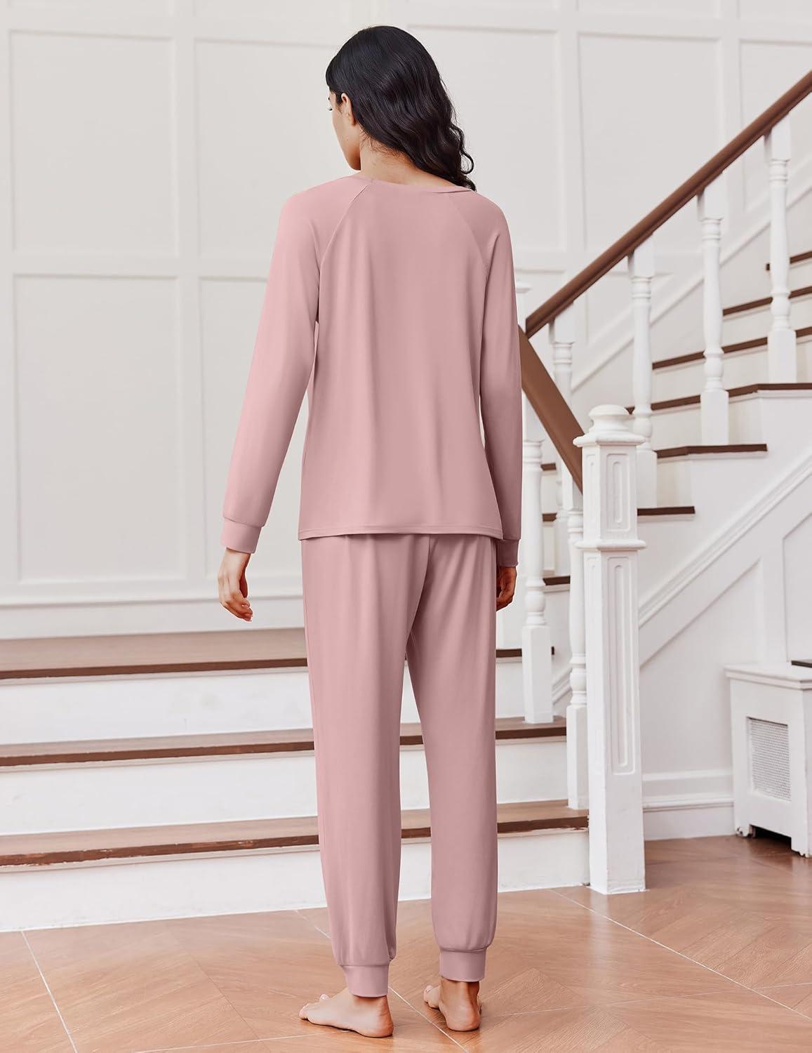 imageEkouaer Soft Pajama Set Women Pullover Long Sleeve lounge Sets Jogger Pants Loungewear Sleepwear Sets with PocketsDusty Rose