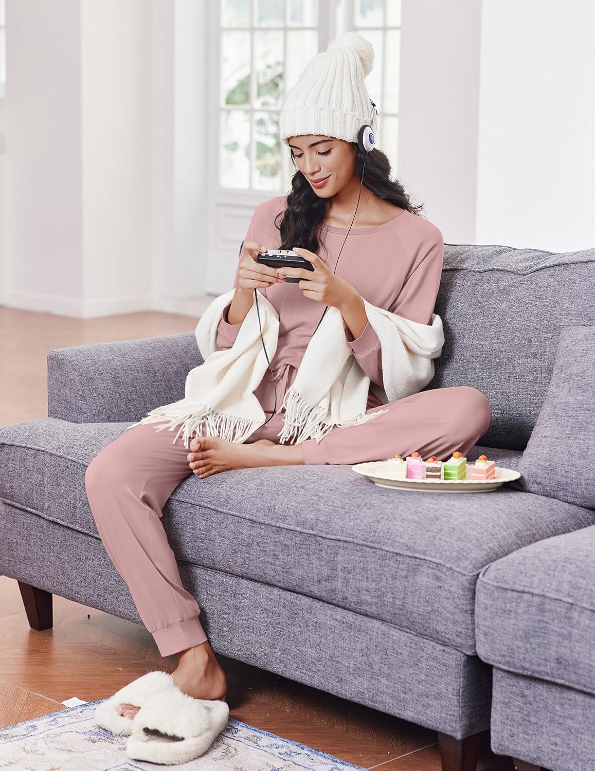 imageEkouaer Soft Pajama Set Women Pullover Long Sleeve lounge Sets Jogger Pants Loungewear Sleepwear Sets with PocketsDusty Rose