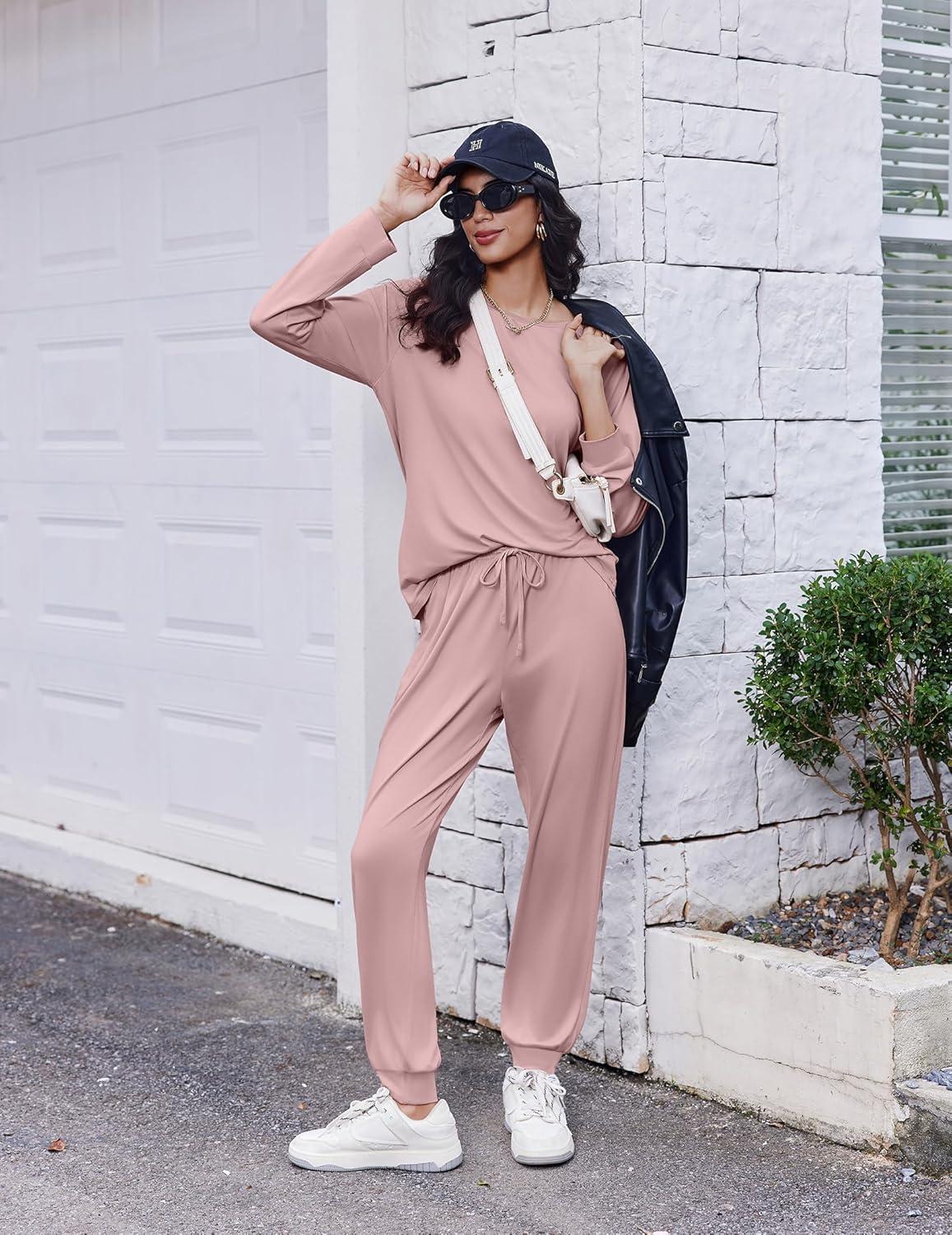 imageEkouaer Soft Pajama Set Women Pullover Long Sleeve lounge Sets Jogger Pants Loungewear Sleepwear Sets with PocketsDusty Rose