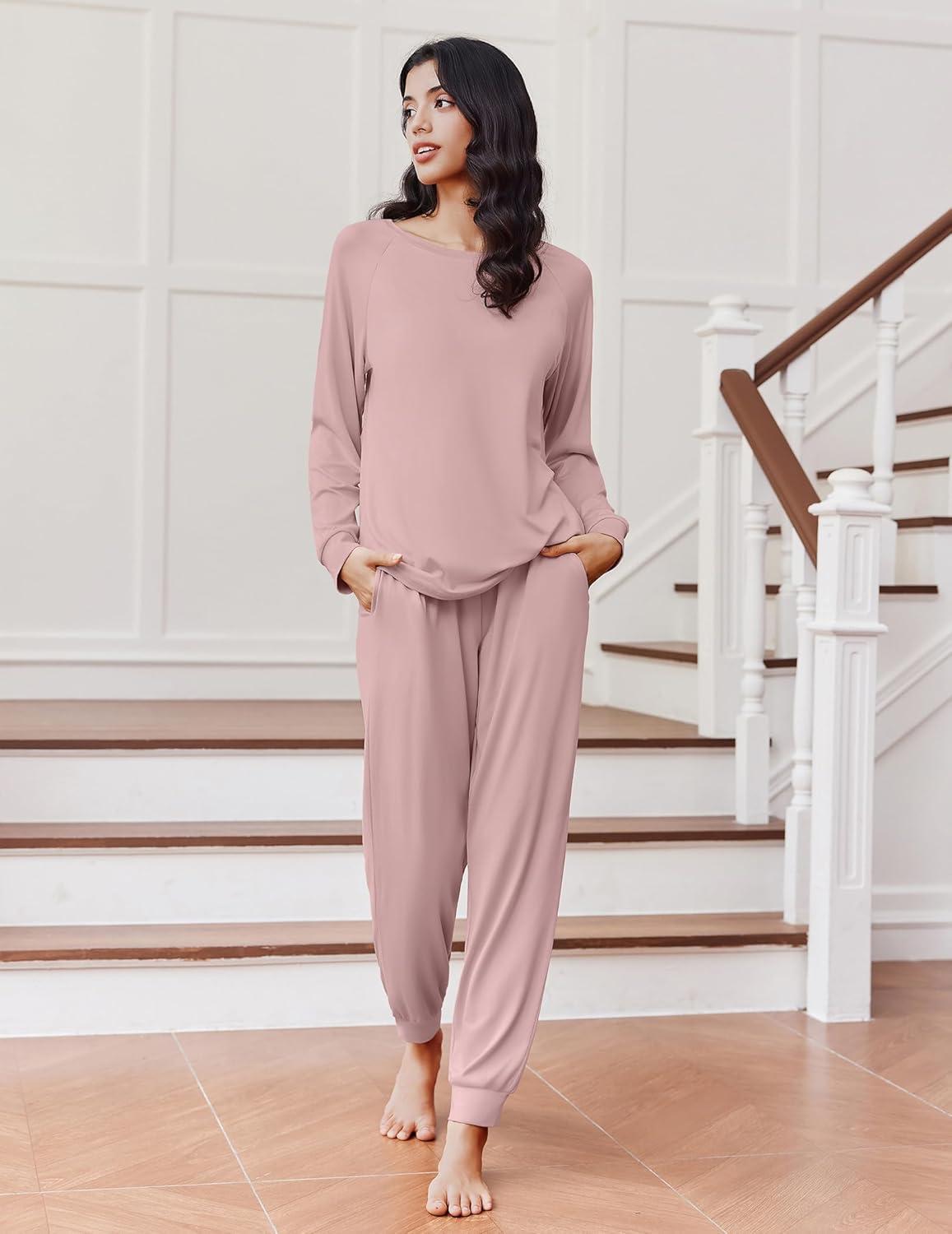 imageEkouaer Soft Pajama Set Women Pullover Long Sleeve lounge Sets Jogger Pants Loungewear Sleepwear Sets with PocketsDusty Rose