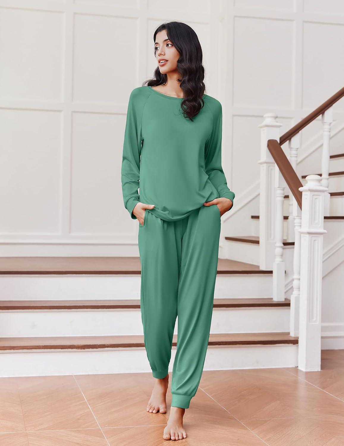 imageEkouaer Soft Pajama Set Women Pullover Long Sleeve lounge Sets Jogger Pants Loungewear Sleepwear Sets with PocketsGreen