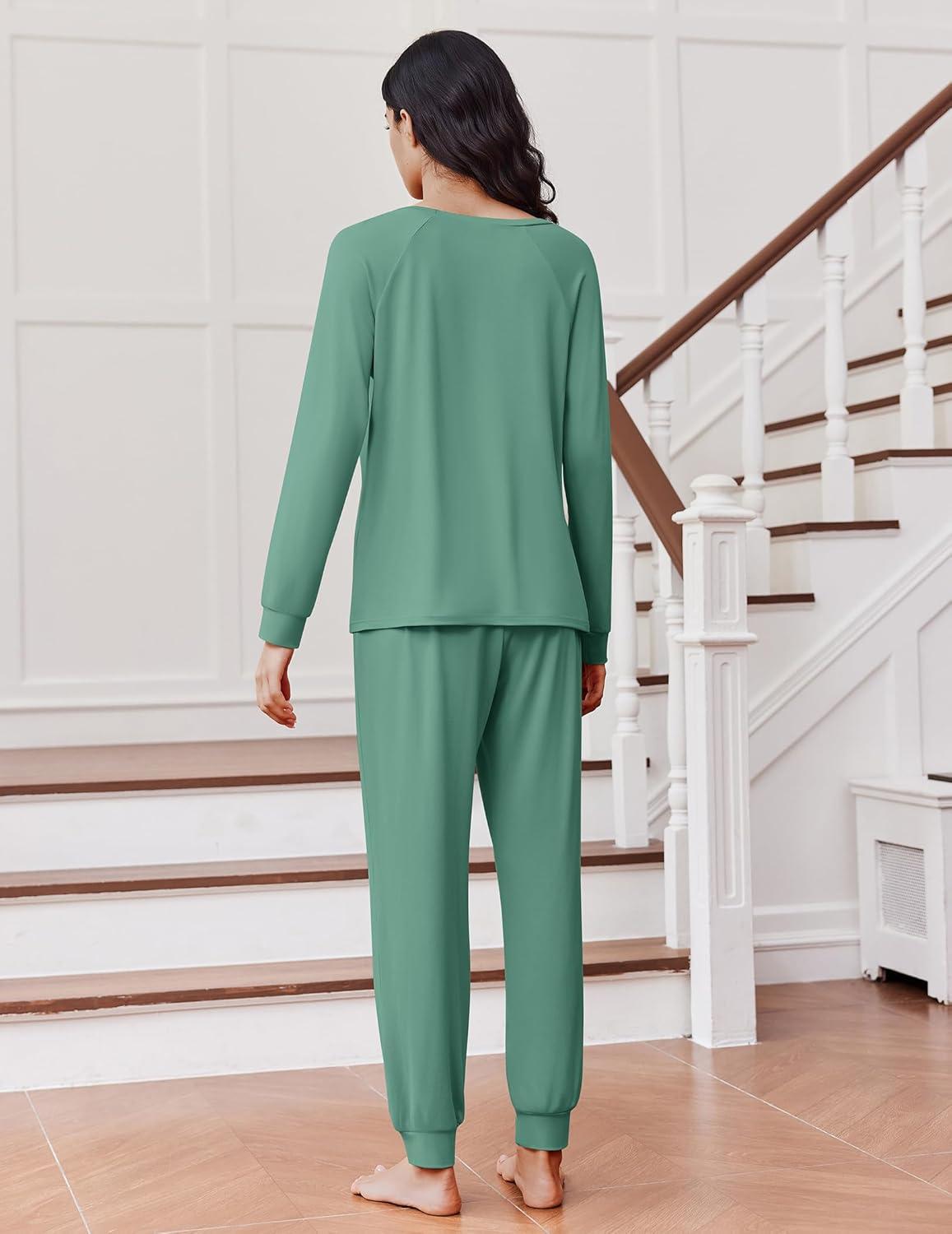 imageEkouaer Soft Pajama Set Women Pullover Long Sleeve lounge Sets Jogger Pants Loungewear Sleepwear Sets with PocketsGreen
