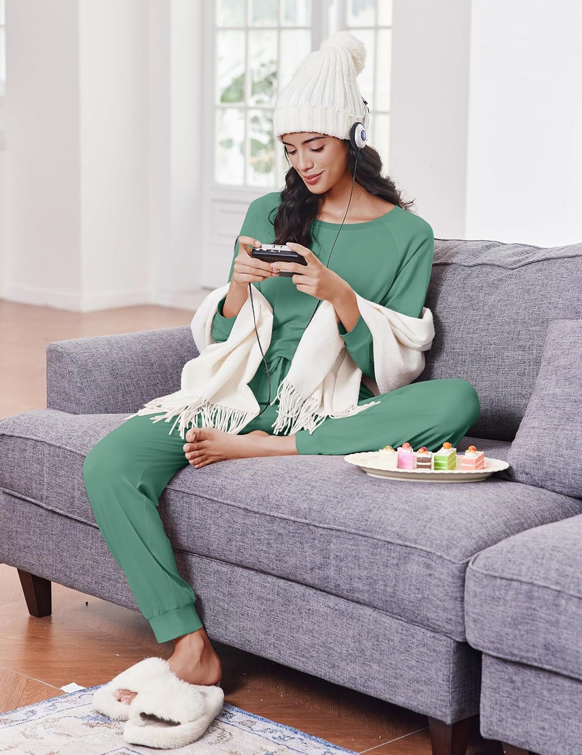 imageEkouaer Soft Pajama Set Women Pullover Long Sleeve lounge Sets Jogger Pants Loungewear Sleepwear Sets with PocketsGreen