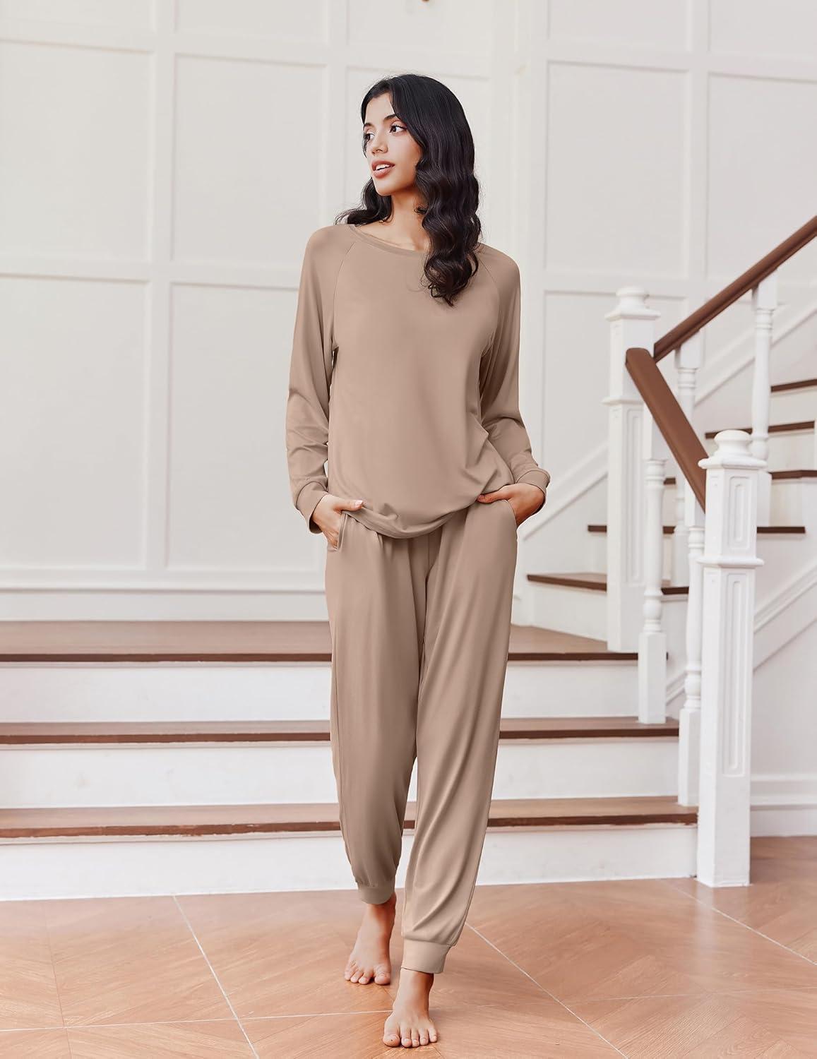 imageEkouaer Soft Pajama Set Women Pullover Long Sleeve lounge Sets Jogger Pants Loungewear Sleepwear Sets with PocketsKhaki