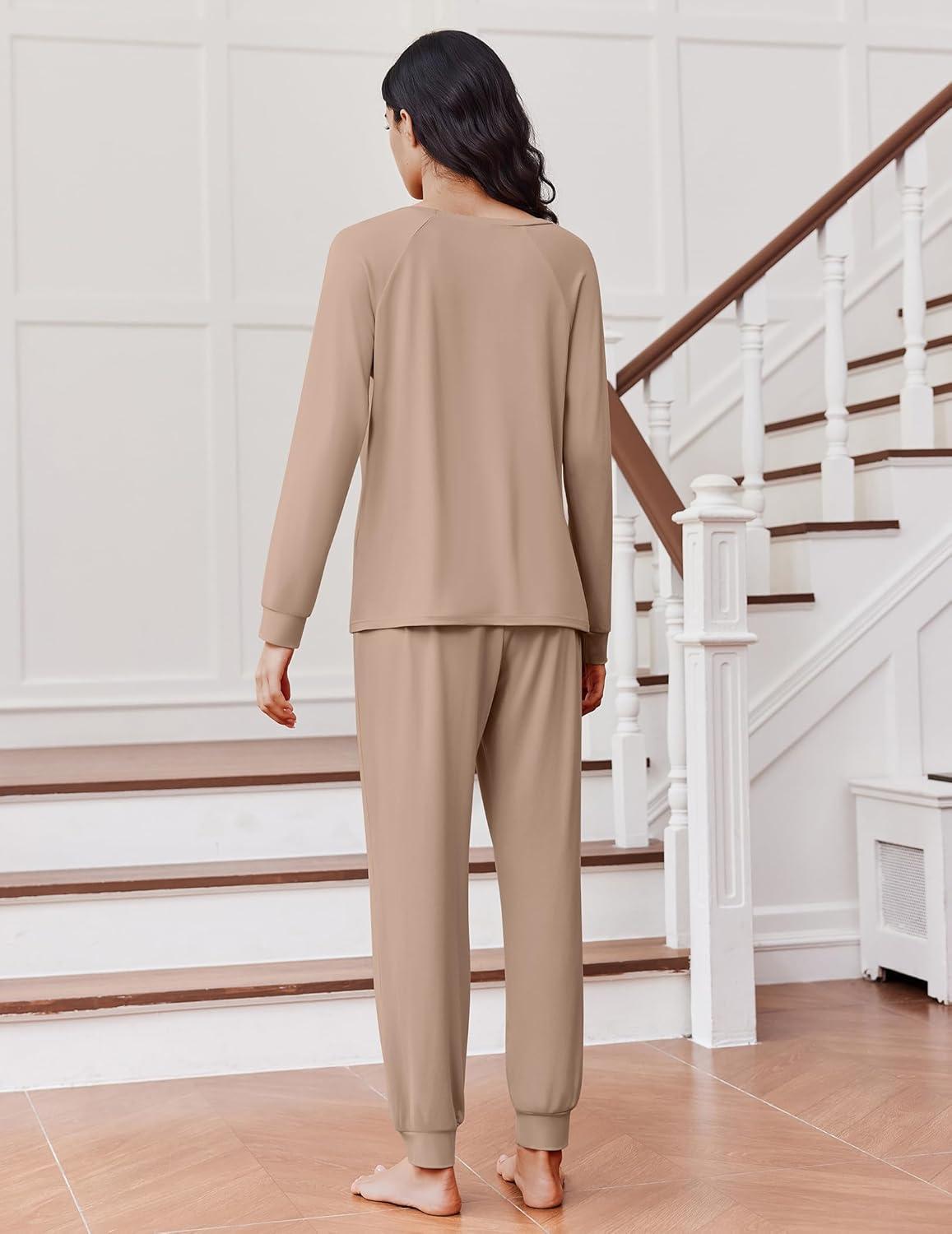 imageEkouaer Soft Pajama Set Women Pullover Long Sleeve lounge Sets Jogger Pants Loungewear Sleepwear Sets with PocketsKhaki