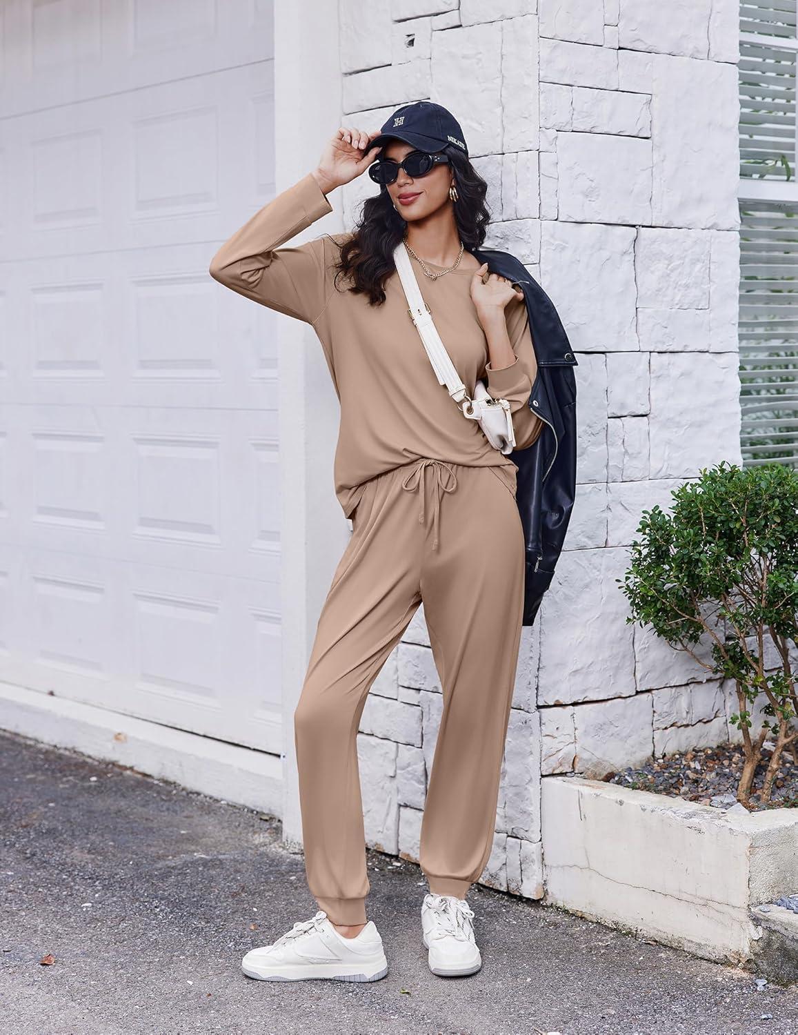 imageEkouaer Soft Pajama Set Women Pullover Long Sleeve lounge Sets Jogger Pants Loungewear Sleepwear Sets with PocketsKhaki