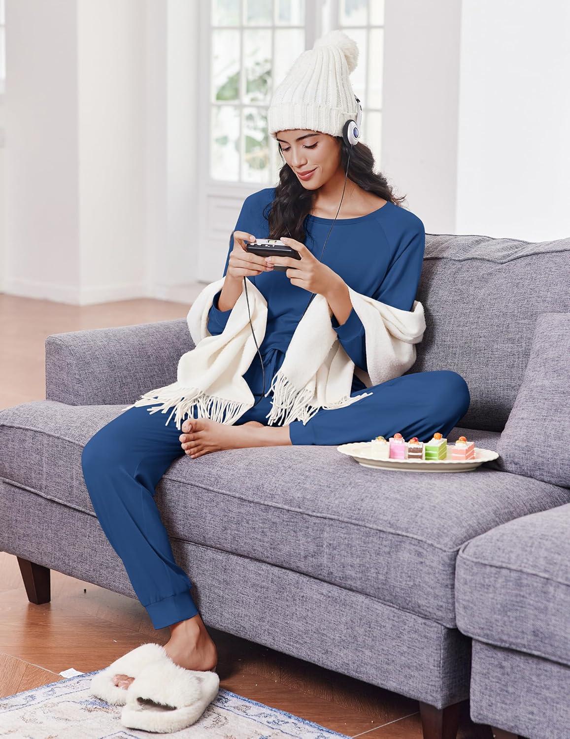 imageEkouaer Soft Pajama Set Women Pullover Long Sleeve lounge Sets Jogger Pants Loungewear Sleepwear Sets with PocketsNavy Blue
