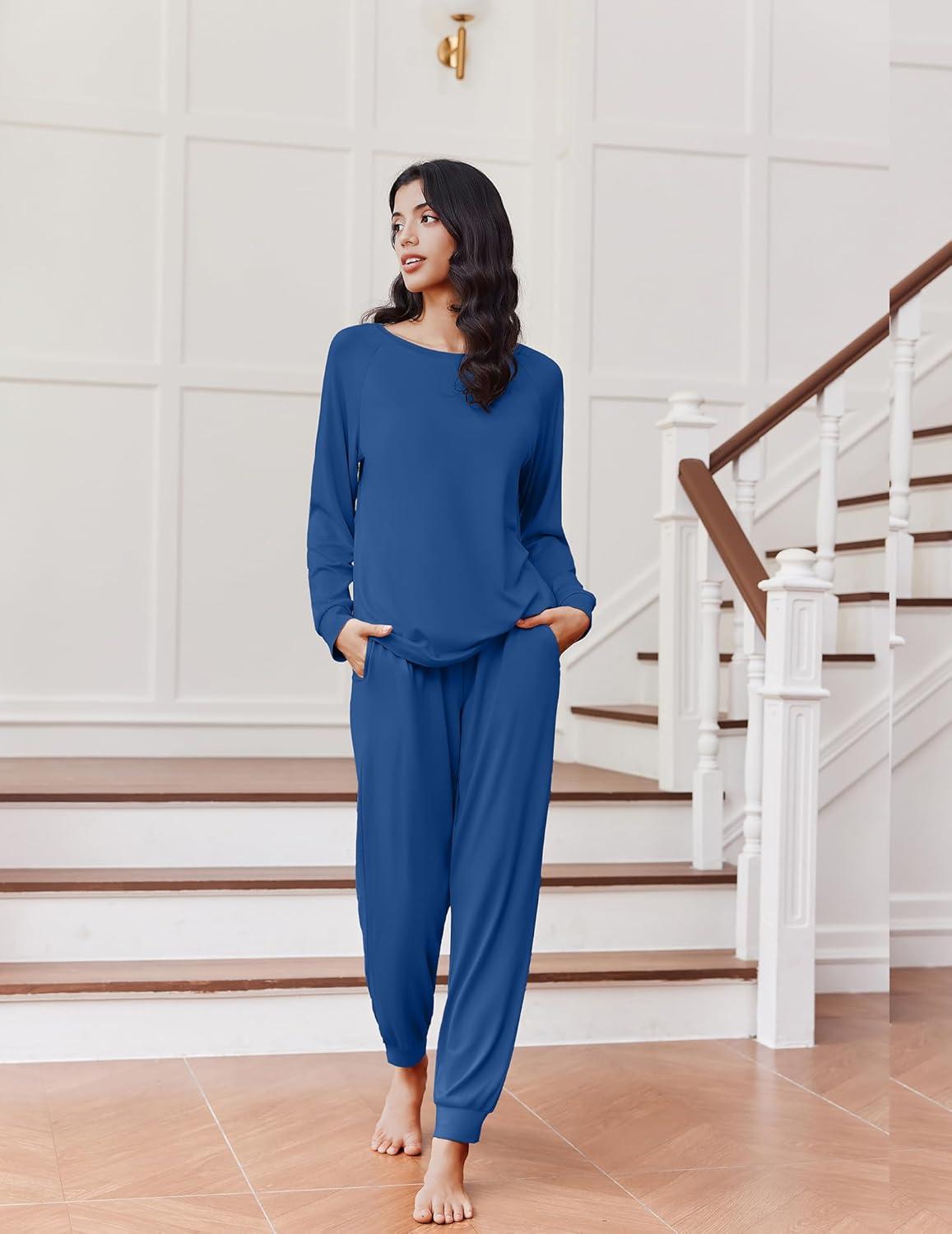 imageEkouaer Soft Pajama Set Women Pullover Long Sleeve lounge Sets Jogger Pants Loungewear Sleepwear Sets with PocketsNavy Blue