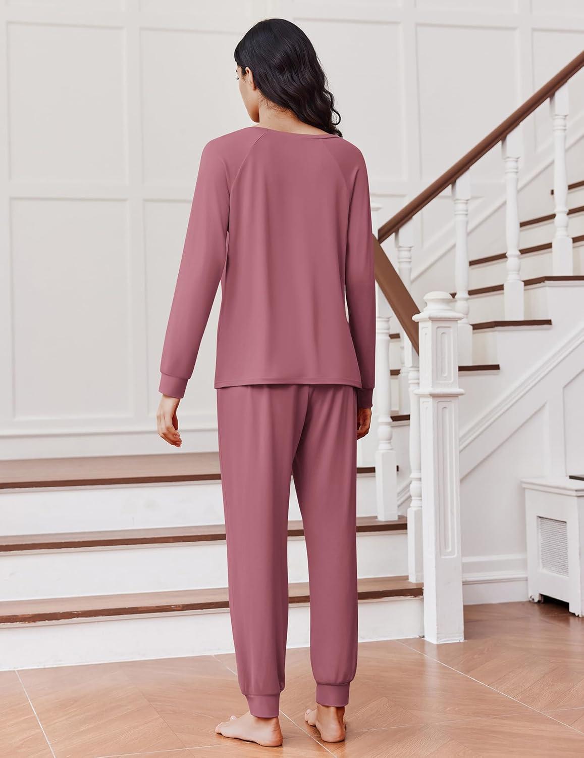 imageEkouaer Soft Pajama Set Women Pullover Long Sleeve lounge Sets Jogger Pants Loungewear Sleepwear Sets with PocketsPale Violet Red