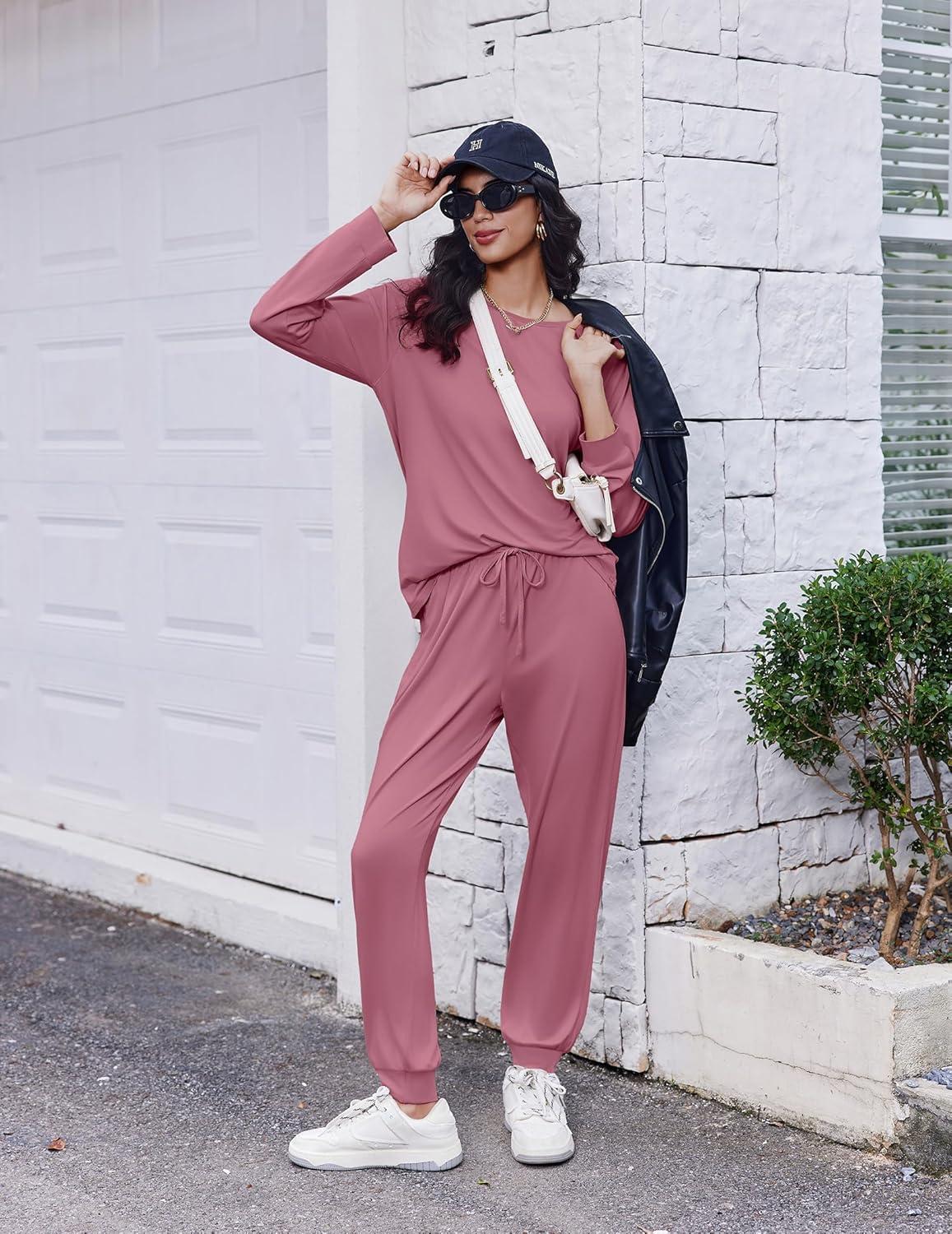imageEkouaer Soft Pajama Set Women Pullover Long Sleeve lounge Sets Jogger Pants Loungewear Sleepwear Sets with PocketsPale Violet Red