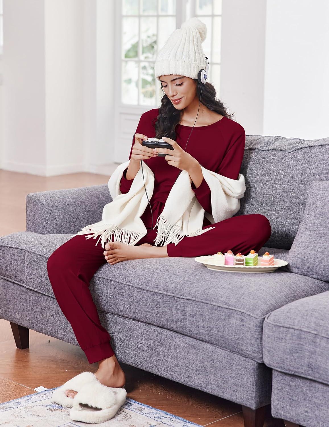 imageEkouaer Soft Pajama Set Women Pullover Long Sleeve lounge Sets Jogger Pants Loungewear Sleepwear Sets with PocketsRed