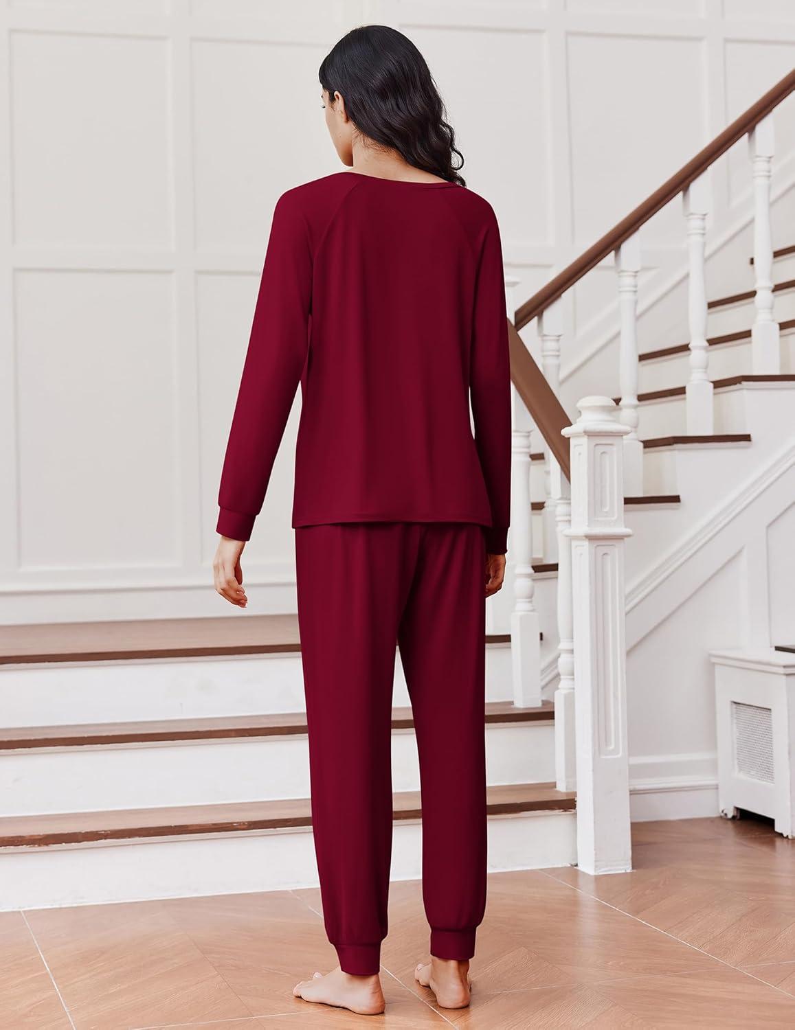 imageEkouaer Soft Pajama Set Women Pullover Long Sleeve lounge Sets Jogger Pants Loungewear Sleepwear Sets with PocketsRed