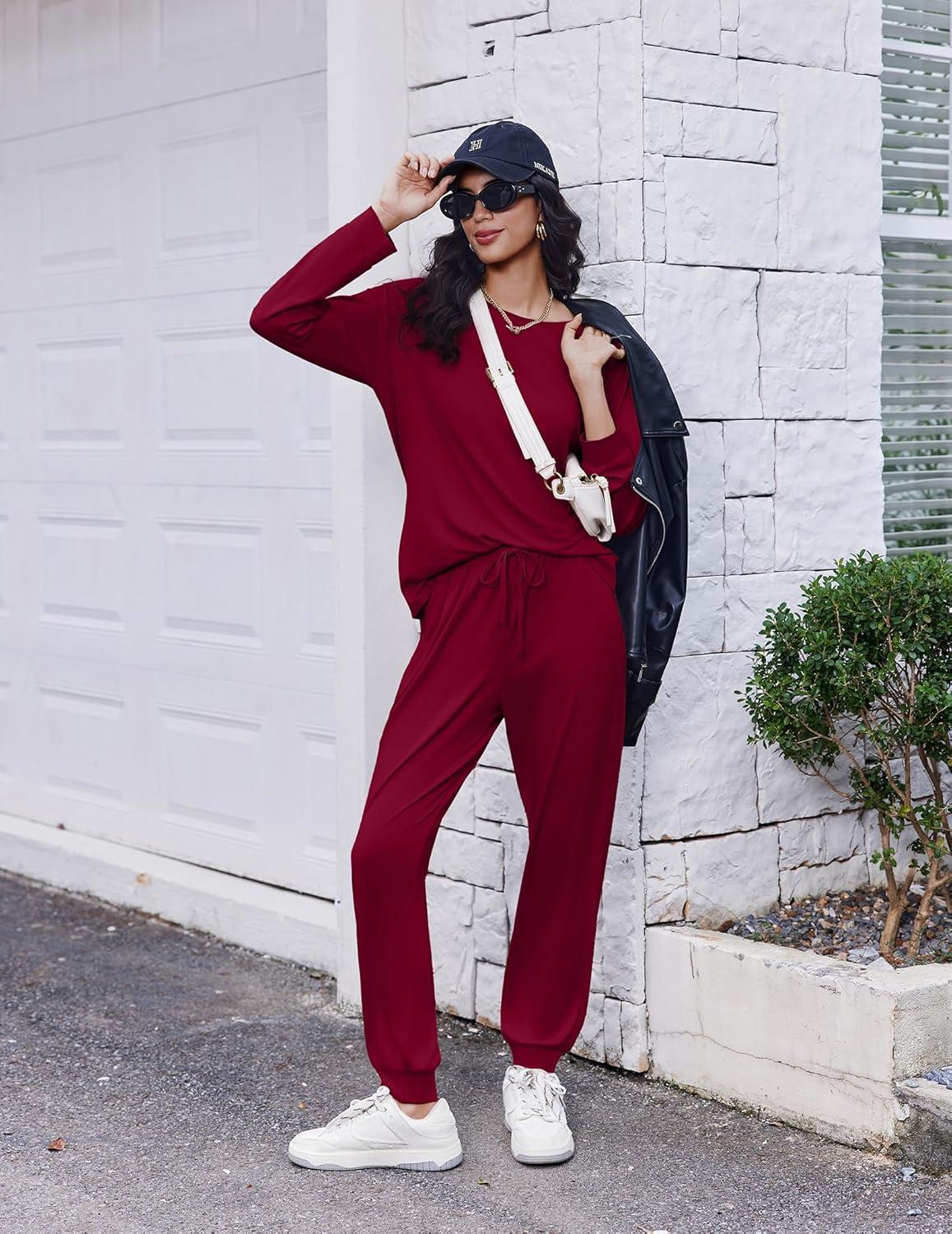 imageEkouaer Soft Pajama Set Women Pullover Long Sleeve lounge Sets Jogger Pants Loungewear Sleepwear Sets with PocketsRed