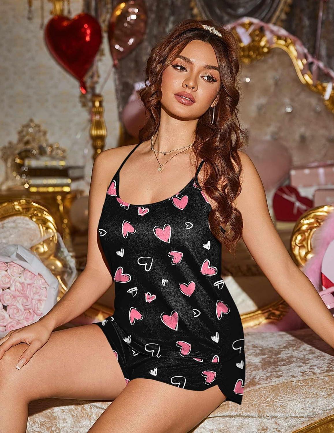 imageEkouaer Womens Cami Pajama Sets Sexy Soft Pjs Summer Lingerie Sets 2 Piece Camisole and Elastic Waist Shorts SleepwearBlack Heart