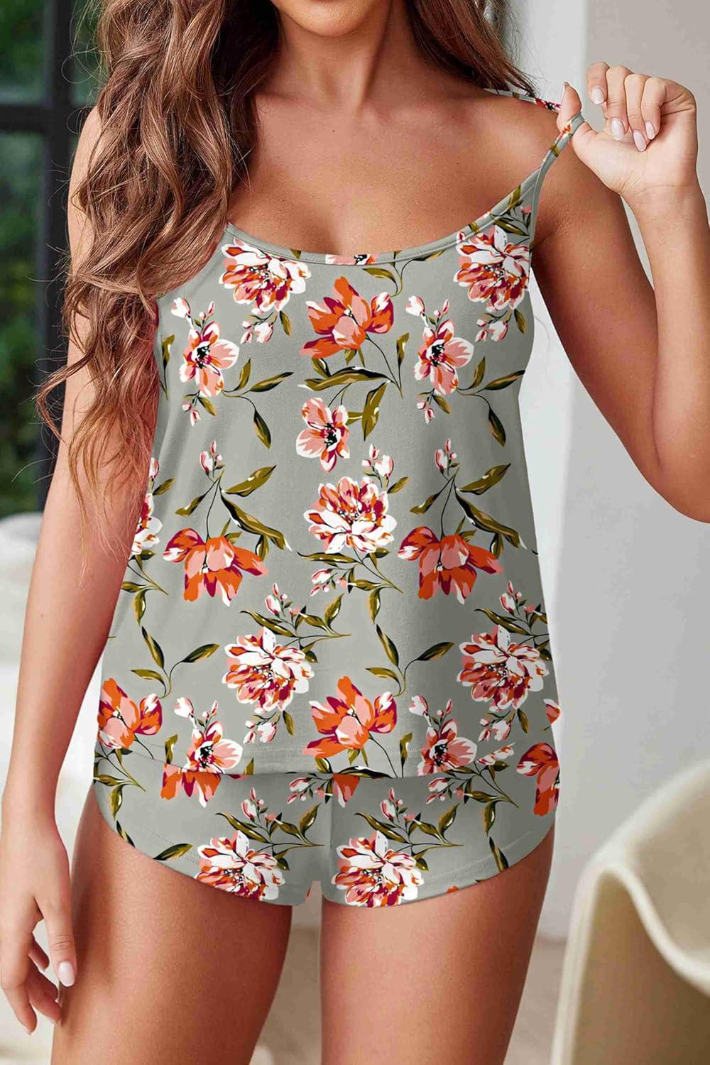 imageEkouaer Womens Cami Pajama Sets Sexy Soft Pjs Summer Lingerie Sets 2 Piece Camisole and Elastic Waist Shorts SleepwearGrey Floral