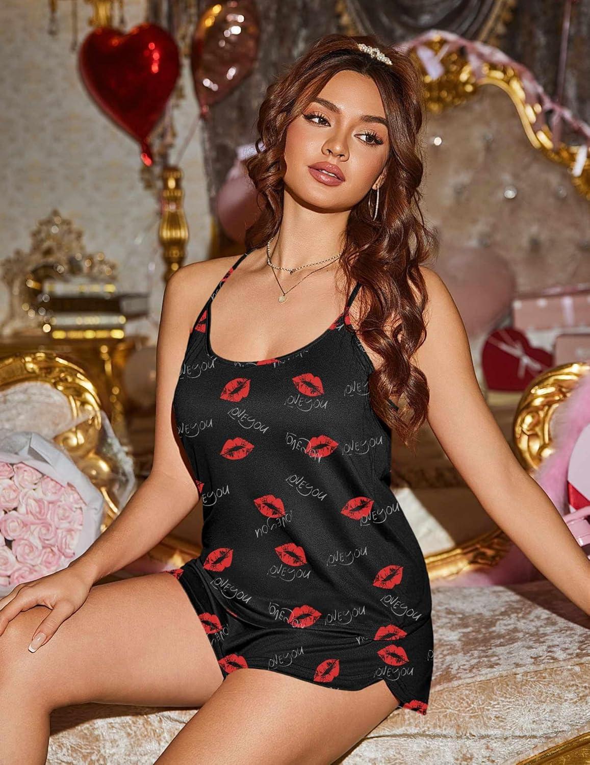 imageEkouaer Womens Cami Pajama Sets Sexy Soft Pjs Summer Lingerie Sets 2 Piece Camisole and Elastic Waist Shorts SleepwearRed Lips
