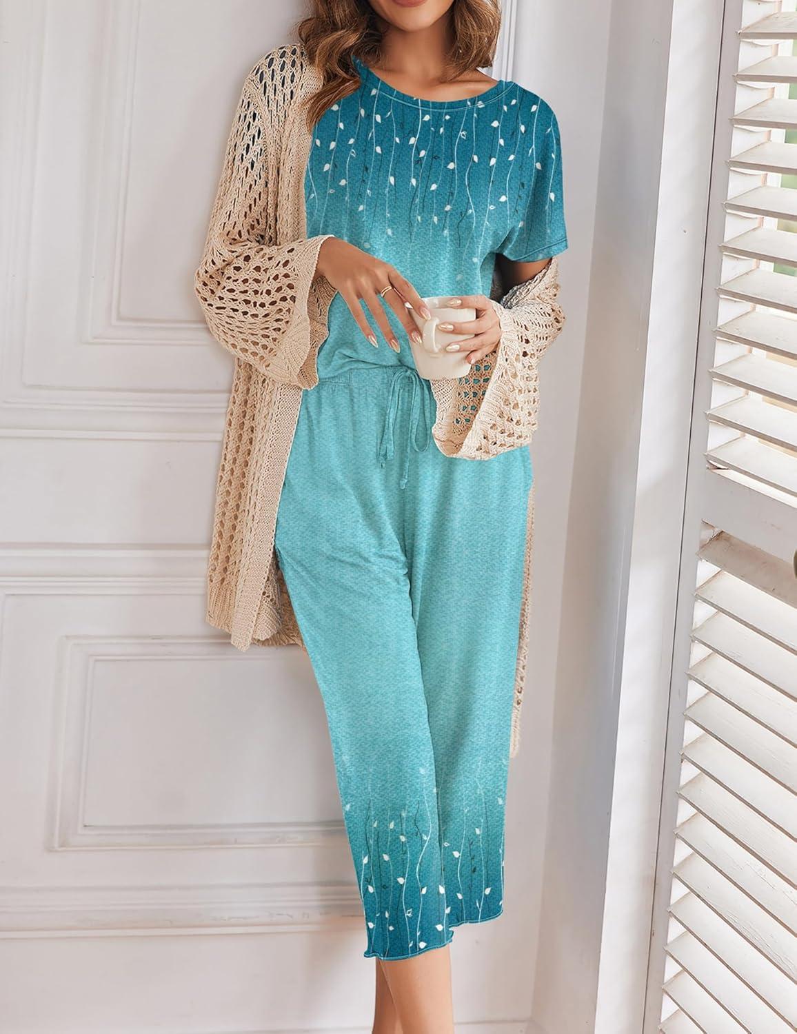 imageEkouaer Womens Capri Pajama Sets Print Short Sleeve Sleepwear Top and Capri Pants Soft Loungewear with PocketBlue Willow Branches