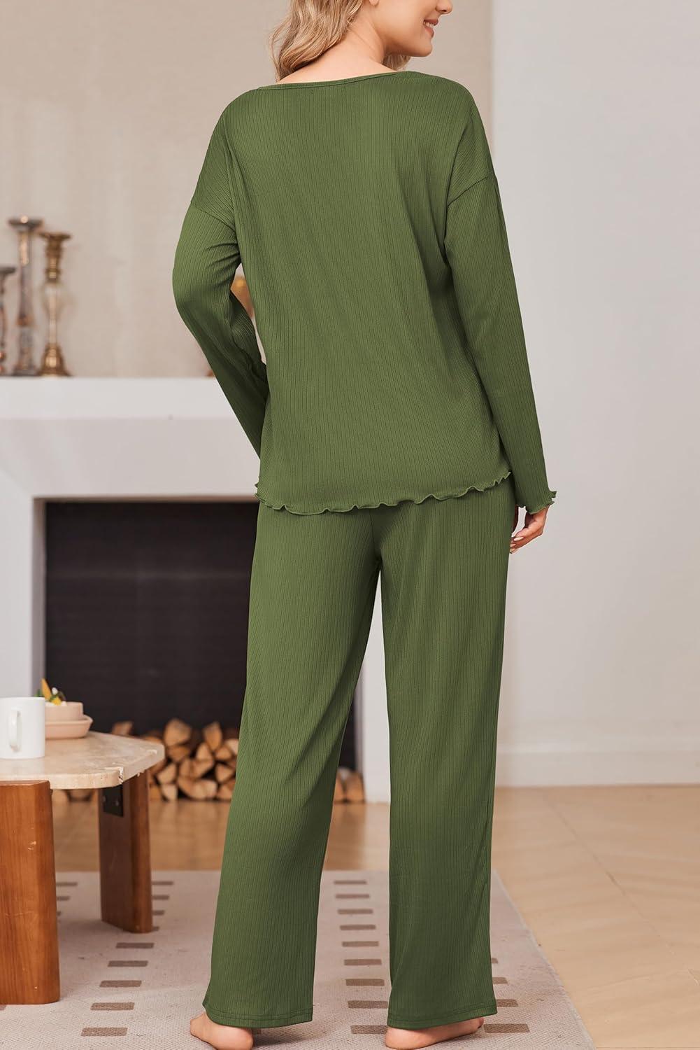 imageEkouaer Womens Pajama Set Ribbed Knit PJs 2 Piece Lounge Set Long Sleeve Top and Pants Comfy Sleepwear with PocketsArmy Green