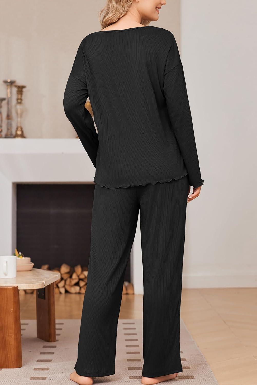 imageEkouaer Womens Pajama Set Ribbed Knit PJs 2 Piece Lounge Set Long Sleeve Top and Pants Comfy Sleepwear with PocketsBlack