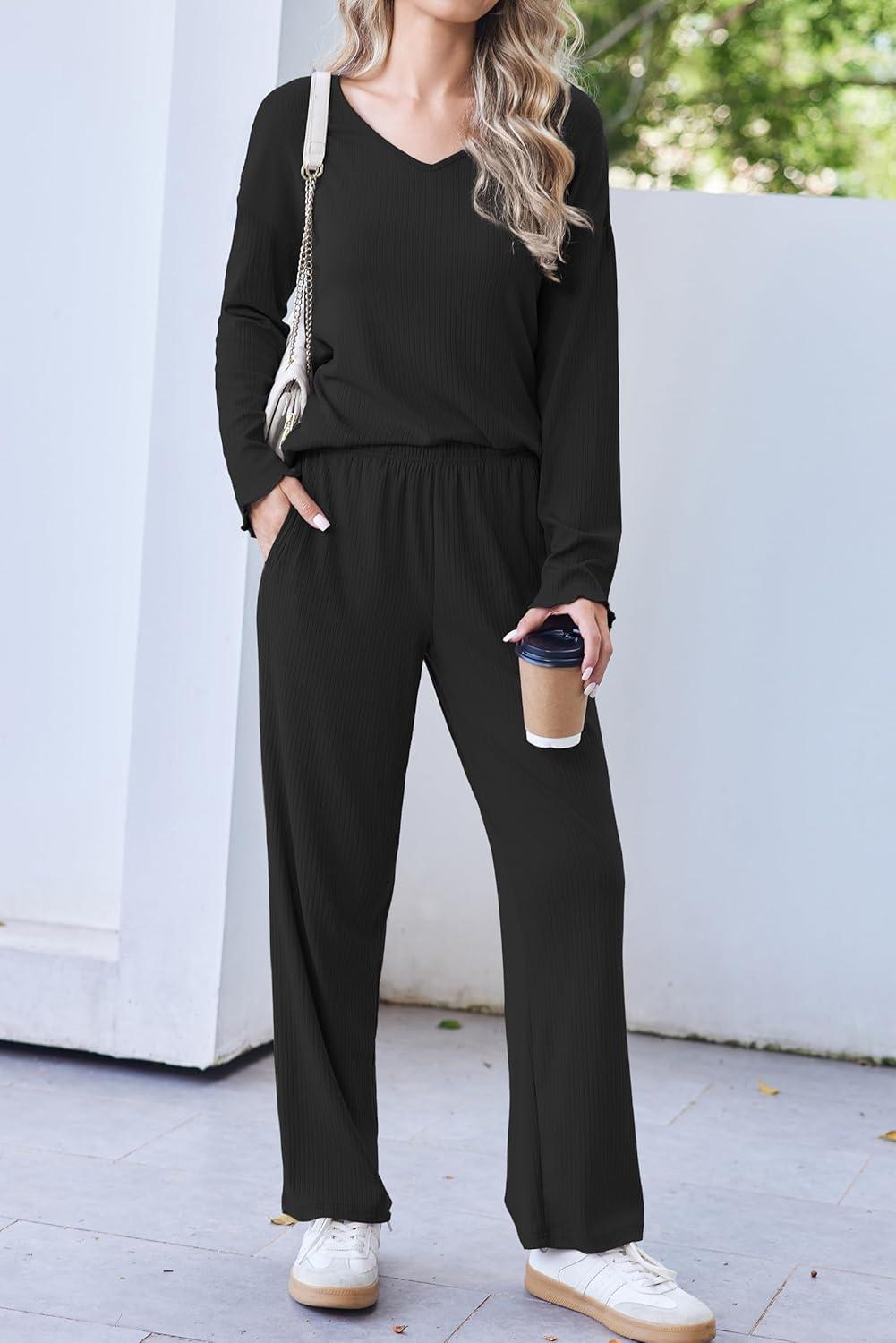 imageEkouaer Womens Pajama Set Ribbed Knit PJs 2 Piece Lounge Set Long Sleeve Top and Pants Comfy Sleepwear with PocketsBlack