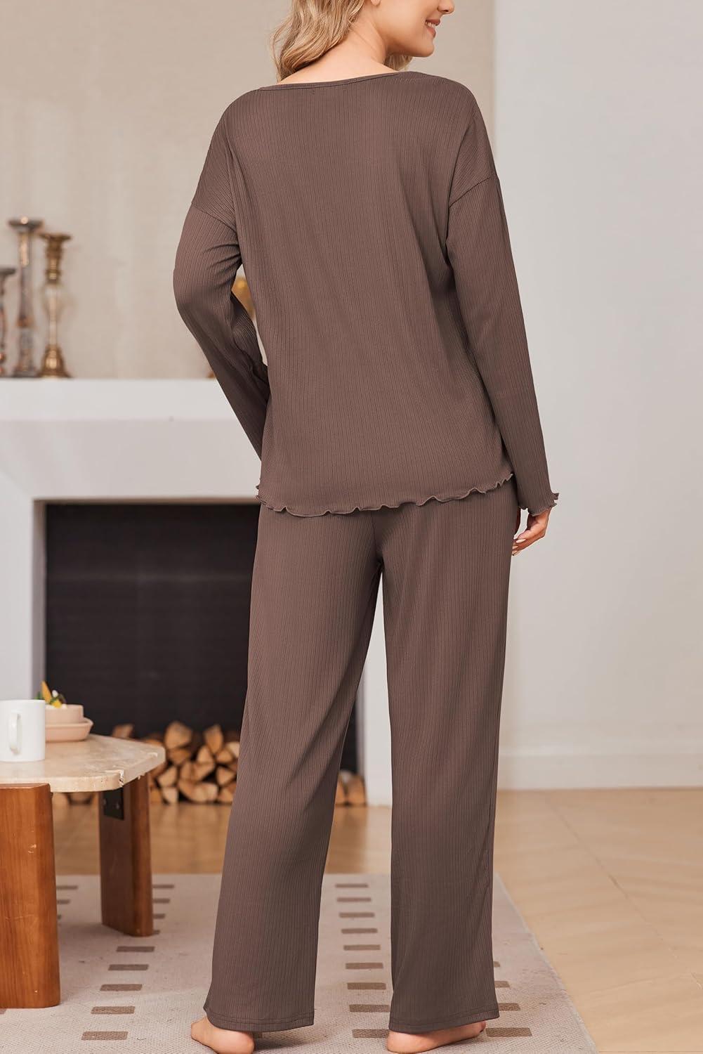 imageEkouaer Womens Pajama Set Ribbed Knit PJs 2 Piece Lounge Set Long Sleeve Top and Pants Comfy Sleepwear with PocketsBrown
