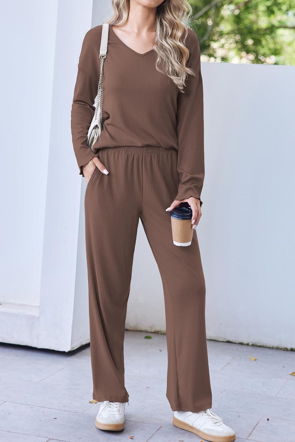 imageEkouaer Womens Pajama Set Ribbed Knit PJs 2 Piece Lounge Set Long Sleeve Top and Pants Comfy Sleepwear with PocketsBrown