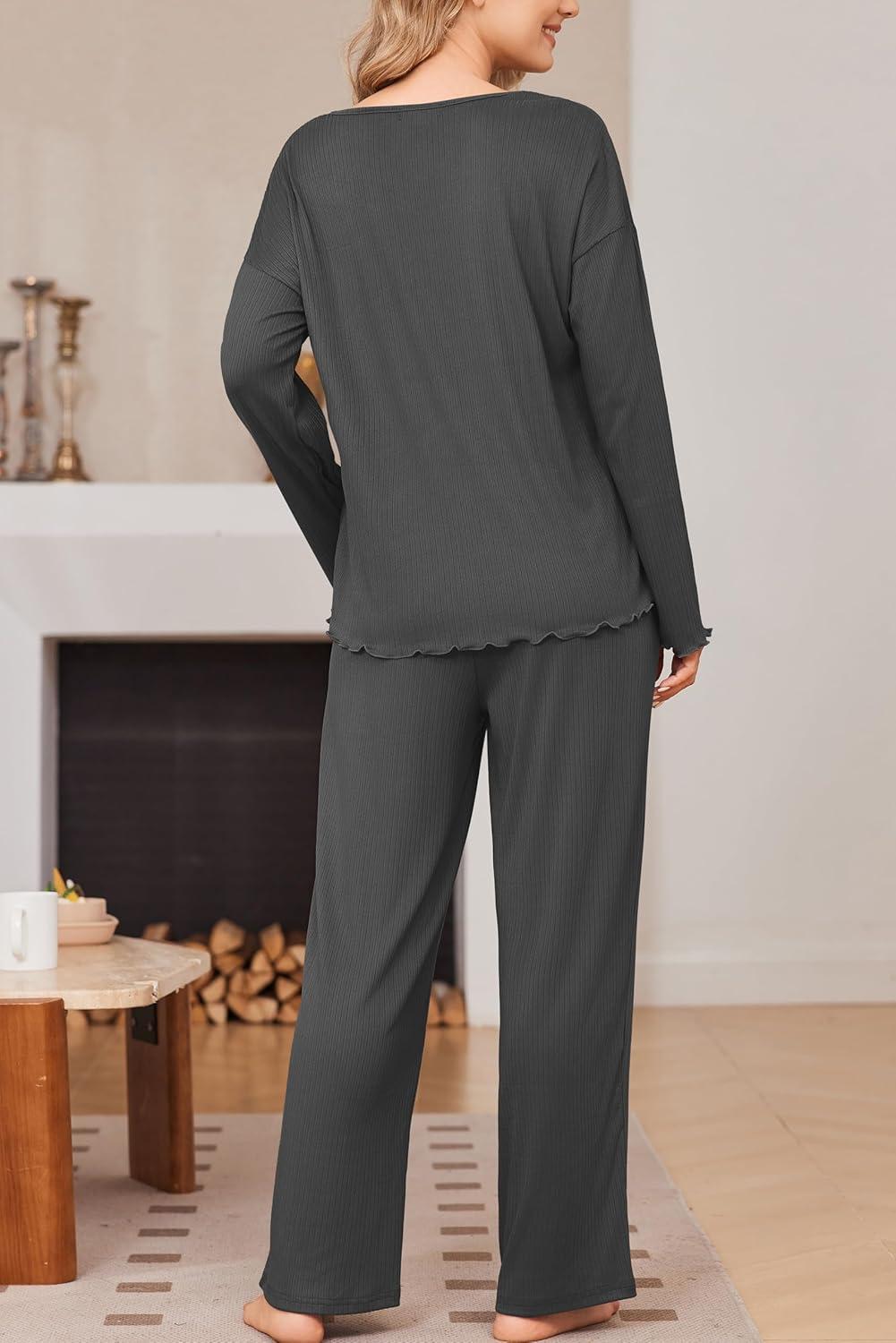imageEkouaer Womens Pajama Set Ribbed Knit PJs 2 Piece Lounge Set Long Sleeve Top and Pants Comfy Sleepwear with PocketsDark Grey