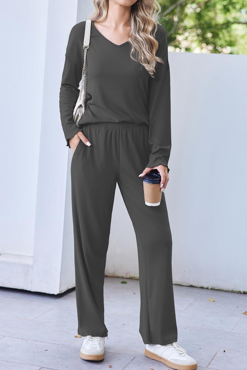 imageEkouaer Womens Pajama Set Ribbed Knit PJs 2 Piece Lounge Set Long Sleeve Top and Pants Comfy Sleepwear with PocketsDark Grey