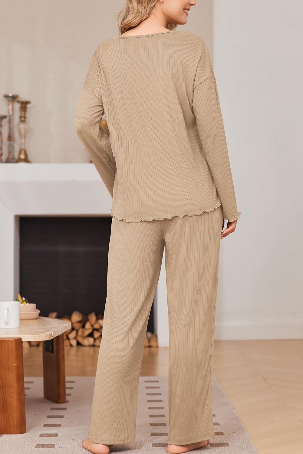 imageEkouaer Womens Pajama Set Ribbed Knit PJs 2 Piece Lounge Set Long Sleeve Top and Pants Comfy Sleepwear with PocketsKhaki