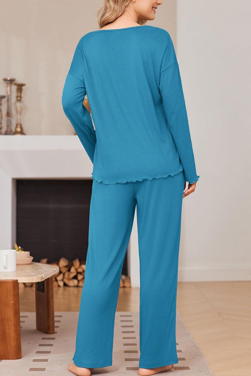 imageEkouaer Womens Pajama Set Ribbed Knit PJs 2 Piece Lounge Set Long Sleeve Top and Pants Comfy Sleepwear with PocketsLake Blue