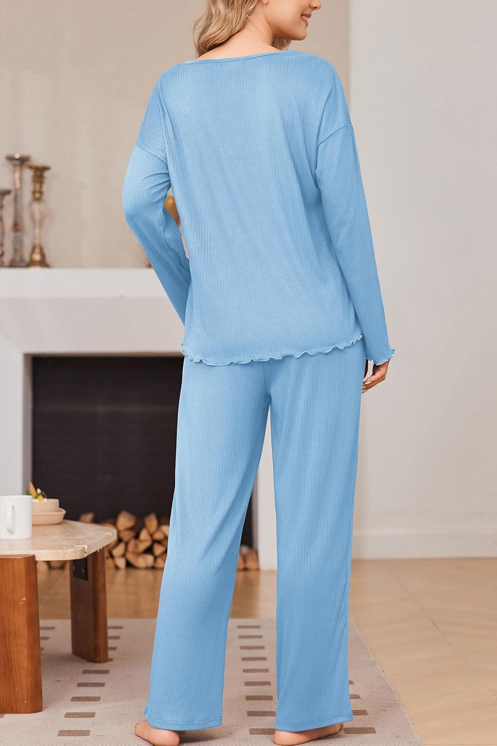 imageEkouaer Womens Pajama Set Ribbed Knit PJs 2 Piece Lounge Set Long Sleeve Top and Pants Comfy Sleepwear with PocketsLight Blue