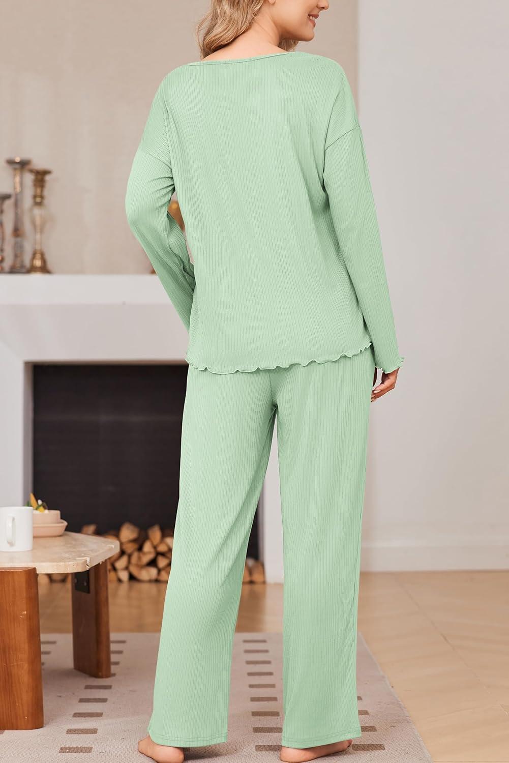 imageEkouaer Womens Pajama Set Ribbed Knit PJs 2 Piece Lounge Set Long Sleeve Top and Pants Comfy Sleepwear with PocketsLight Green